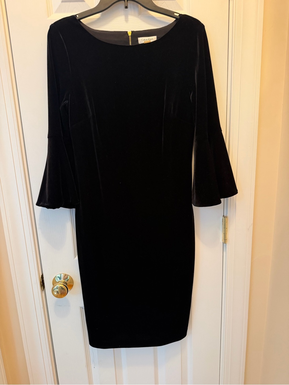 Calvin Klein Black Velvet Midi Dress with Bell Sleeves